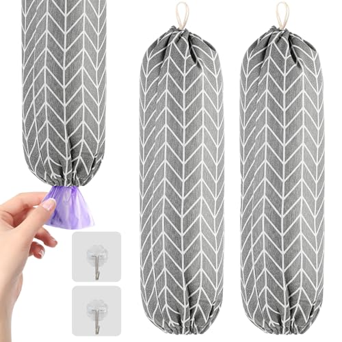 PTJJXA 2 Stück Plastiktüten Spender, Hängende Einkaufstüten Halter, Plastiktütenhalter Organizer für Küche, Wiederverwendbare Einkaufstasche Müllbeutel, Spender für Müllsäcke mit Haken, Grau von PTJJXA