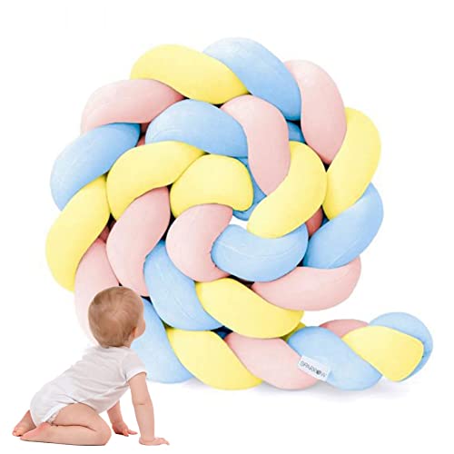 PTKG Bettschlange Geflochten Bettkantenschutz Baby Nestchen Umrandungen Bettrolle Stillkissen, Geflochten Bettschlange Nestchen Babybett Knotenkissen,Pink Yellow Blue,2.5m von PTKG