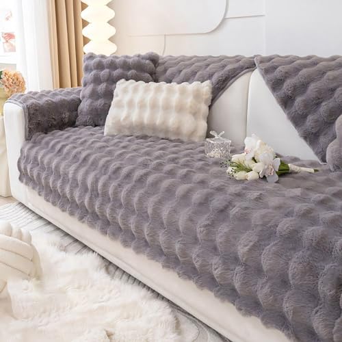 Sofabezug Ecksofa 1 2 3 4 Sitzer Kaninchen Plüsch Couch/Sofa Bezüge, Universelle rutschfeste Couch Bezug L-Form Sofaschoner Katze, Waschbar Sofaschutz, Sofaüberwurf, Sofa Überwurf,Grau,110×160CM von PTKG