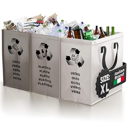 PTMS® Mülleimer 3 Fächer MAXI XL extra groß - Mülltonne als praktische Taschen für Papier, Glas & Plastik Müll - Abfalleimer Küche und Garage - Pfandflaschen Behälter - einfache Entleerung von PTMS