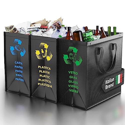 PTMS® Mülltrennsystem Taschen für Papier, Glas und Plastik - Umweltfreundliche Mülleimer 3 Fächer - Recycling Organizer aus resistenten und wiederverwendbaren Materialien - Einfache Entleerung von PTMS