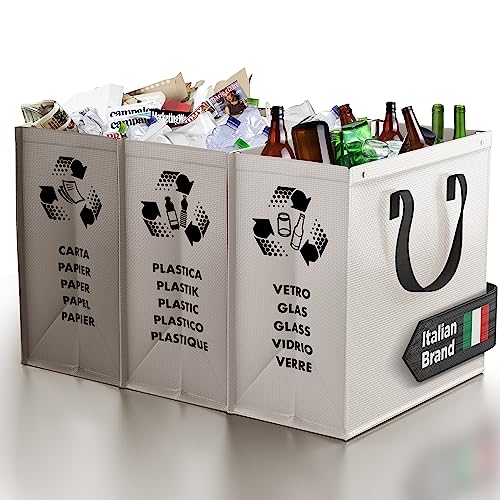 PTMS® Mülltrennsystem Taschen für Papier, Glas und Plastik - Umweltfreundliche Mülleimer 3 Fächer - Recycling Organizer Taschen aus resistenten und wiederverwendbaren Materialien - Einfache Entleerung von PTMS