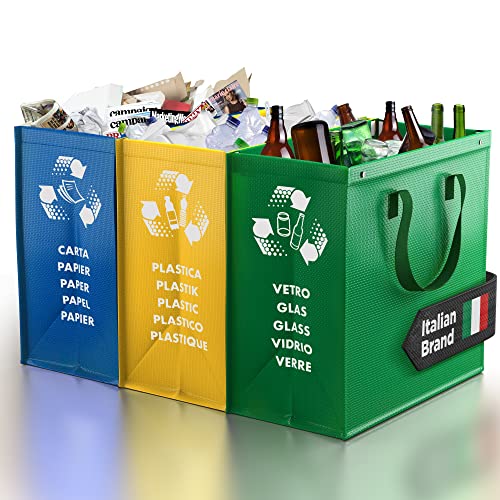 PTMS® Mülltrennsystem Taschen für Papier, Glas und Plastik - Umweltfreundliche Mülleimer 3 Fächer - Recycling Organizer Taschen aus resistenten und wiederverwendbaren Materialien - Einfache Entleerung von PTMS