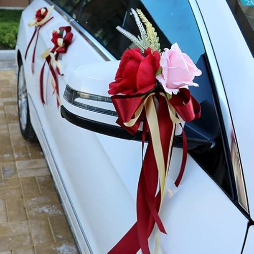 2 Stück Hochzeit Auto Dekoration Blume, Künstliche Rot Rose Blume Autoschmuck Autoschleifen Antennenschleifen Simulation Gefälschte Blume Schleife Hochzeit Deko Auto Rückspiegel Türgriff Deko Blumen von PTNKUIIY