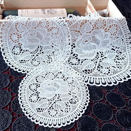 4er Set Platzsets Weiße Spitze Handarbeit Geklöppelt Spitzendeckchen Häkeldeckchen Tischdecke Tischsets mit Blumenmuster Runde Gestickte Untersetzer für Tassen,Getränke,Schalen,Töpfe,Teller,Vasen 15cm von PTNKUIIY