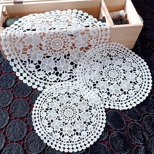 4er Set Platzsets Weiße Spitze Handarbeit Geklöppelt Spitzendeckchen Häkeldeckchen Tischdecke Tischsets mit Blumenmuster Runde Gestickte Untersetzer für Tassen,Getränke,Schalen,Töpfe,Teller,Vasen 15cm von PTNKUIIY