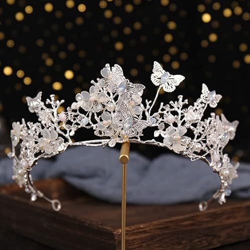 Frauen Kristall Krone Mädchen Strass Tiara, Schmetterling Faux Perlen Strass Kopfband Krone Haarband Prinzessin Königin Haarschmuck für Geburtstag Prom Brautparty Weihnachten Kostüm,Silber von PTNKUIIY