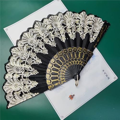 PTNKUIIY Handfächer Stofffächer,Vintage Stil Retro Chinesischer Handfächer Orientalischer Tuch Stoff Fan Sommer Faltbare Fächer Wand-Dekofächer für Party,Fasching,Halloween Karneval Zubehör,Schwarz von PTNKUIIY