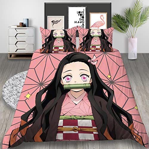 PTNQAZ Anime Demon Slayer Devil's Blade Bettbezug-Set Kimetsu No Yaiba Cartoon Bettwäsche-Set für Mädchen (Einzelbett, 1) von PTNQAZ