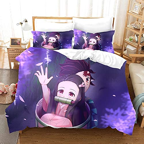 PTNQAZ Anime Demon Slayer Teufelsklinge Bettbezug-Set Kissenbezug Kimetsu No Yaiba Tanjirou Nezuko Cartoon Heimtextil-Dekor Bettwäsche-Set für Mädchen (Einzelbett) von PTNQAZ