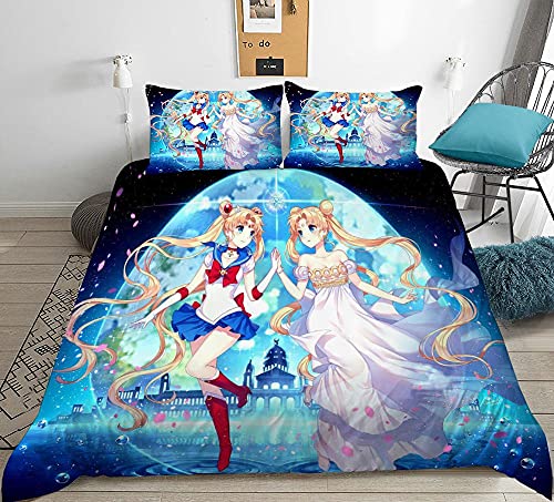 PTNQAZ Anime Sailor Moon Bettwäsche-Set, Kinder, Bettbezug-Sets mit Kissenbezügen, Cartoon-Heimtextil-Dekor, Bettwäsche für Jungen (ohne Bettlaken) (Einzelbett) von PTNQAZ