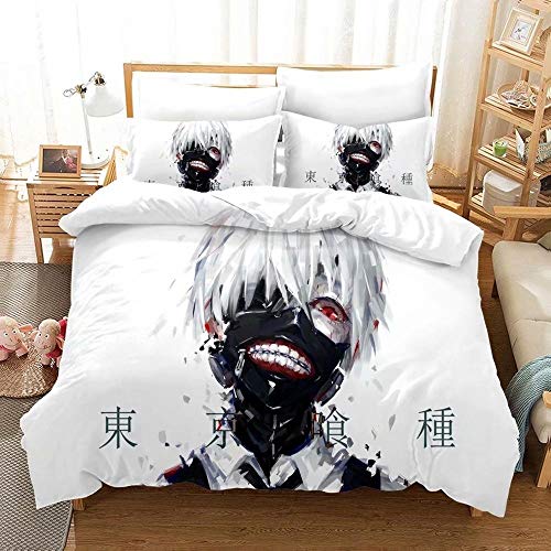 PTNQAZ Anime Tokyo Ghoul Kaneki Ken Tröster Bettwäsche-Set, weiß, Bettbezug-Set, Einzelbett, Doppelbett, King-Size-Bett, 2/3-teilig (Einzelbett) von PTNQAZ