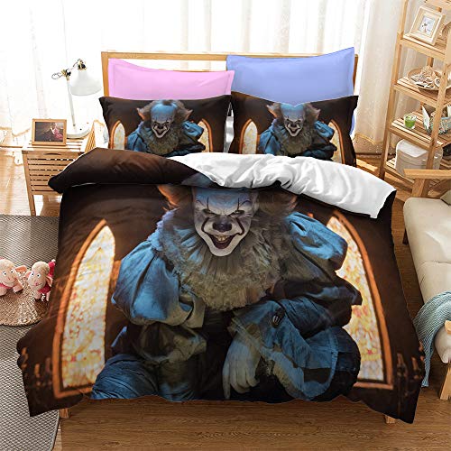 PTNQAZ Bettwäsche-Set mit 3D-Horror-Film-Clown-Serie, bedrucktes Bettwäsche-Set für Einzelbett, Doppelbett, King-Size-Bett für Erwachsene, Bettbezug mit Kissenbezügen (Doppelbett) von PTNQAZ