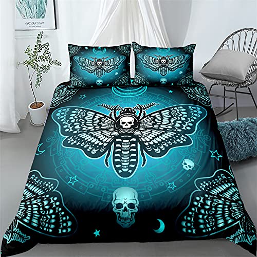 PTNQAZ Bettwäsche-Set mit Totenkopf-Motiv, Gothic-Design, 3D-Druck, Schmetterling, Mond, Sterne, Bettbezug-Sets mit Kissenbezügen, Bettbezug für King-Size-Bett, Grün von PTNQAZ