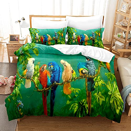 PTNQAZ Bettwäsche-Set mit buntem Papageienvögel-Motiv, 3D-gedrucktes Bettbezug-Set mit Kissenbezügen, Bettbezug für Erwachsene und Kinder, weicher Stoff, Queen-Size-Größe (Doppel- und Kingsize-Bett) von PTNQAZ