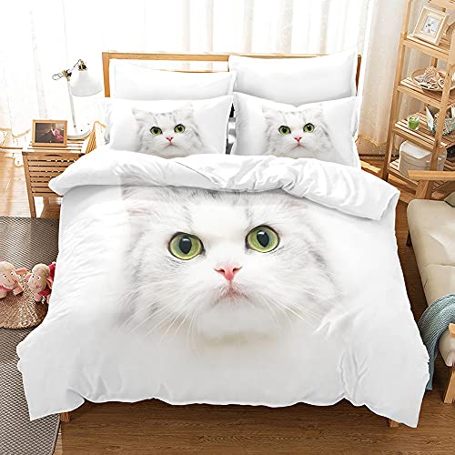 PTNQAZ Bettwäscheset mit süßem weißen Katzen-Motiv, 3D-gedruckt, Tier-Bettbezug-Sets mit Kissenbezügen, Bettwäsche, Bettdecke, Geschenke für Kinder, Heimtextilien (Einzelbett von PTNQAZ