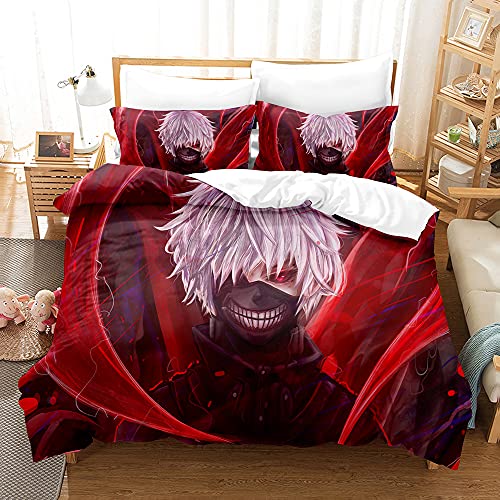 PTNQAZ Horror Anime Tokyo Ghoul Bettbezug-Sets für Kinder, 3D-gedrucktes Jungen-Bettwäsche-Set für Einzelbett, Queen-Size-Bett, Bettwäsche für Schlafzimmer (Doppelbett von PTNQAZ