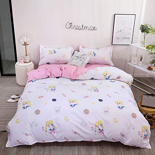 PTNQAZ Japanisches Anime Sailor Moon Bettwäsche-Set für Kinder, Bettbezüge, Sets mit Kissenbezügen, für Mädchen, Schlafzimmer, Dekoration, Bettwäsche (150 x 200 cm, 3-teilig) von PTNQAZ