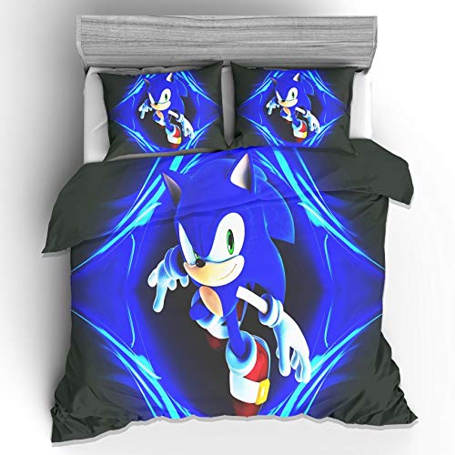 PTNQAZ Kinder-Bettwäsche-Set mit 3D-gedrucktem Sonic-Anime-Bettwäsche-Set mit Kissenbezug für Jungen, Teenager, weiche Kinder-Bettwäsche, Einzelbett, 135 x 200 cm, 2-teilig (Doppelbett) von PTNQAZ