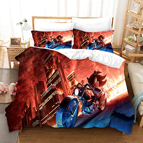 PTNQAZ Kinder-Bettwäsche-Set mit 3D-gedrucktem Sonic-Anime-Bettwäsche-Set mit Kissenbezug für Jungen, Teenager, weiche Kinder-Bettwäsche, Einzelbett, 135 x 200 cm, 2-teilig (Einzelbett) von PTNQAZ