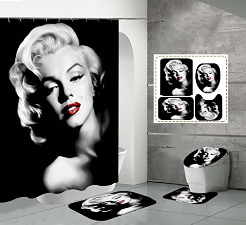 PTNQAZ Marilyn Monroe Sexy Damen-Duschvorhang-Set, Badezimmer, Kunstdekoration, Badewanne, Duschvorhänge mit 12 Haken, wasserdichter Stoff, 4 Stück von PTNQAZ