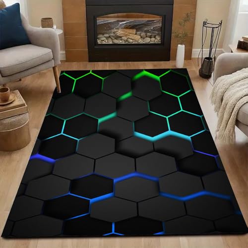 PTNQAZ Neon-Waben-Teppich, Premium-Polyester-Teppich, mit rutschfester Unterseite, elegantes Design, weiche Textur, perfekt für stark frequentierte Bereiche, Familienhäuser, verschiedene Größen von PTNQAZ