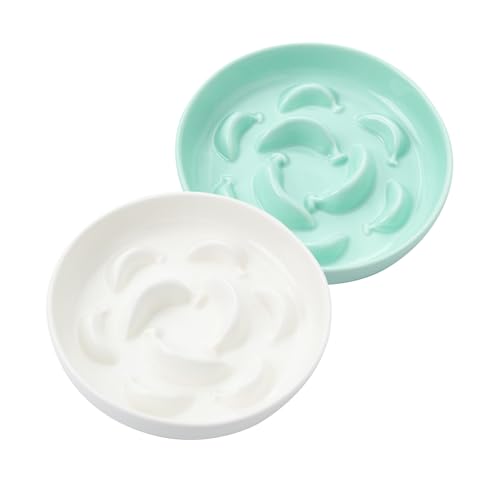 Antischlingnapf Katze Keramik Katzennapf Set - 2 Stück Katzennäpfe Langsam Fütterung - Futternapf Katze in Pastellfarben - Weiß und Grün von PTOBER