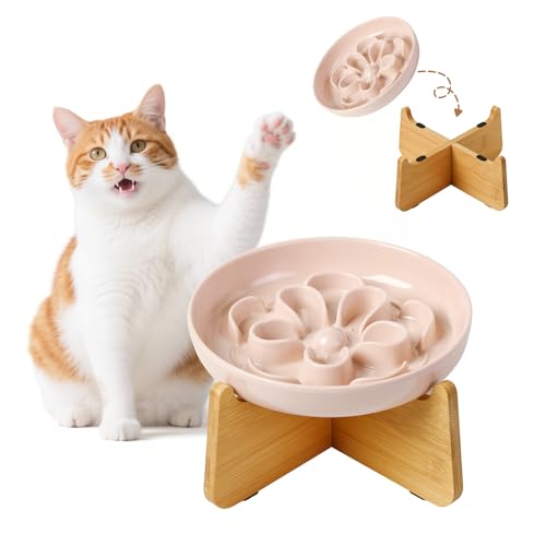 Antischlingnapf Katze Erhöht aus Melamin - Blumenform-Labyrinth Fressnapf mit Bambusständer - Katzennapf für Langsames Fressen - Rosa Antischlingnapf Katze Erhöht aus Melamin - Blumenform-Labyrinth Fressnapf mit Bambusständer - Katzennapf für Langsames Fressen - Rosa von PTOBER