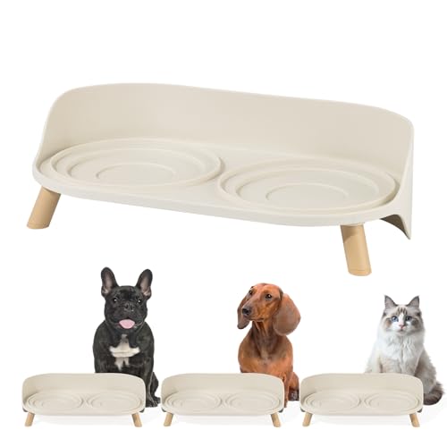Erhöhter Ständer für Doppel-Katzennäpfe - Futterstation für Katzen und kleine, kurzbeinige Hunde - Cremeweiß (Näpfe Nicht enthalten) von PTOBER