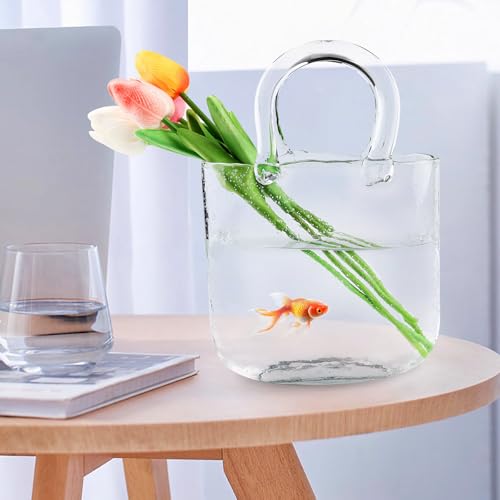 Handtasche Vase Glas, Dekorative Handtasche Klare Glas Vase Kleiner Fischtank mit Blasen, Kreative Wohnzimmer Glasvase, Taschen Vase für Blumen FrüChte Topfpflanzen Kleine Fisch SüßIgkeiten von COXZD