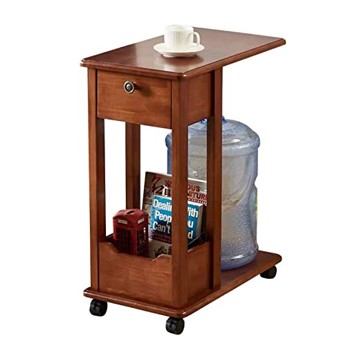 Couchtisch C-förmiger Beistelltisch aus massivem Holz mit Rädern, mobiler Snack-Tisch mit klappbarer Schublade, Laptop-Ständer auf dem Nachttisch des Sofas mit Ablage von PTTRNS