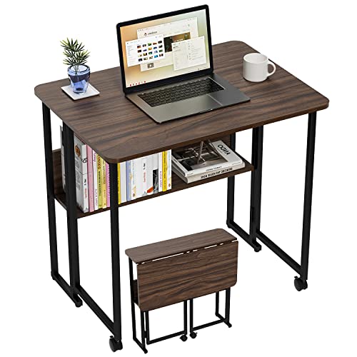 PTUWODS Kleiner klappbarer Computertisch mit Regal, Schreibtisch für das Heimbüro (Nussbaum) von PTUWODS