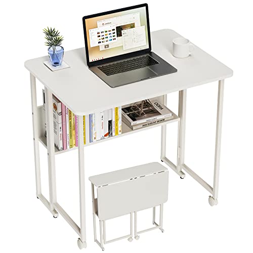 PTUWODS Kleiner klappbarer Computertisch mit Regal, Schreibtisch für das Heimbüro (Weiß) von PTUWODS
