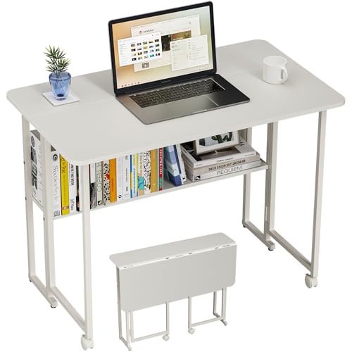 PTUWODS Kleiner klappbarer Computertisch mit Regal, Schreibtisch für das Heimbüro von PTUWODS