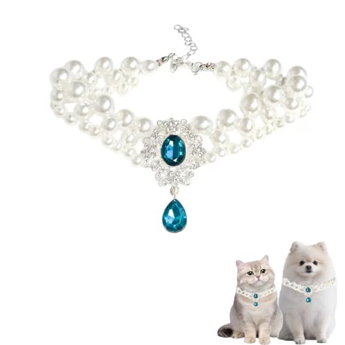 Perlenhalsband für Katzen, Perlenhund, Strass-Halsketten für kleine Hunde, Zubehör, Katzenperlenhalsband (Blau, M) von PTWSF