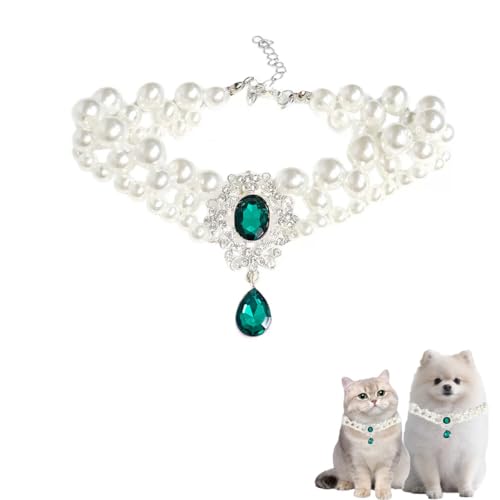 Perlenhalsband für Katzen, Perlenhund, Strass-Halsketten für kleine Hunde, Zubehör, Katzenperlenhalsband (Grün, XS) von PTWSF