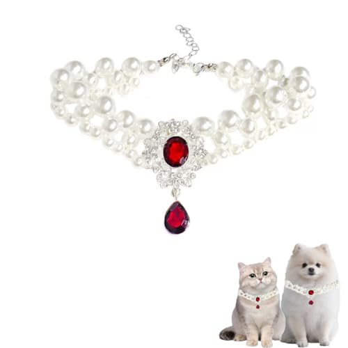 Perlenhalsband für Katzen, Perlenhund, Strass-Halsketten für kleine Hunde, Zubehör, Katzenperlenhalsband (Rot, L) von PTWSF