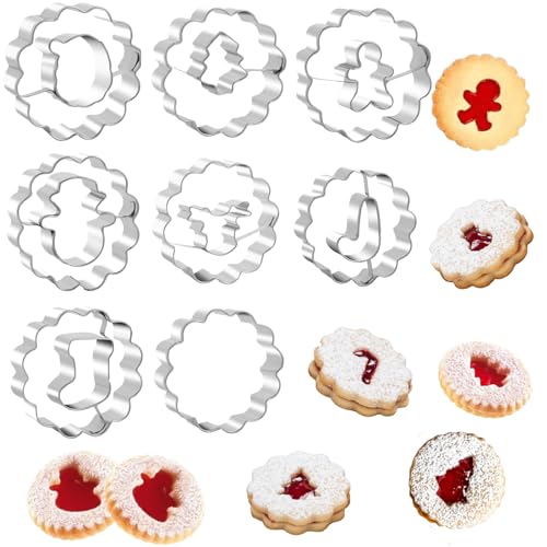 PTaizjjz 8pcs Christmas Linzer Cookie Cutters, Christmas Stainless Steel Cookie Cutters,Mini Fluted Round Biscuit Cutters Hollow Biscuit Mould Pastry Cutters DIY Baking Tray von PTaizjjz
