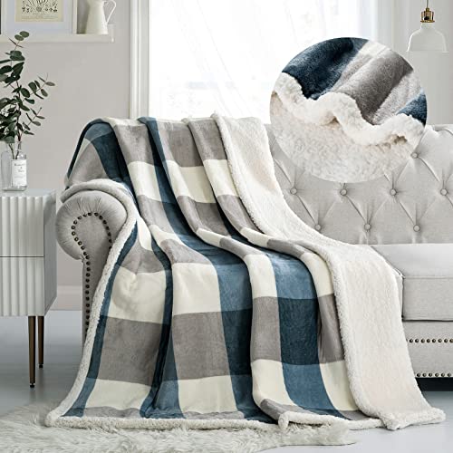 PU MEI Sherpa-Fleece-Überwurfdecke, wendbar, Plüsch, flauschig, Gitter-Flanell-Decken für Sofa, Couch, Bett, 150 x 200 cm, Grau-Blau von PU MEI