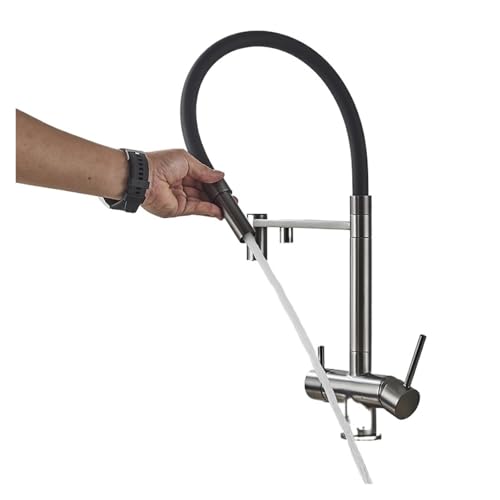 Küchenfilterhahn schwarz mit Punkt Messingreinigerhahn Doppelsprüher Trinkwasserhahn Spültischmischerhahn(Gun Grey) von PUAVLKMC
