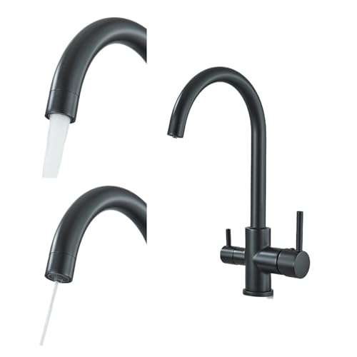 Mattschwarzer Küchenhahn mit gereinigtem Wasserfilter, Auslauf mit doppeltem Verwendungszweck, Doppelgriff, auf der Arbeitsplatte montierter Spültischhahn, Mischbatterie for heißes und kaltes Wasser, von PUAVLKMC