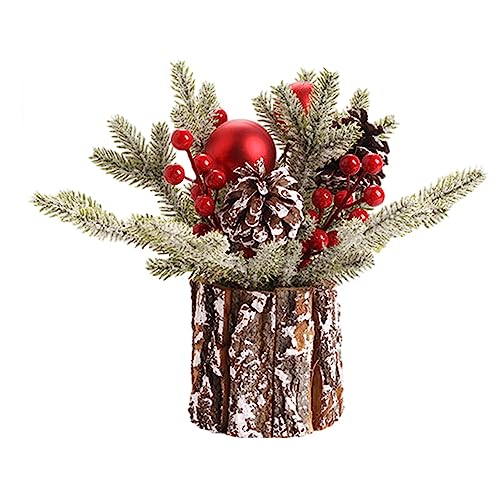 PUCHEN Tisch-Weihnachtsbaum -Kunstschnee Weihnachtsholz-Äste Tischplatte rote Beeren Tannenzapfen Holz-Baumstumpf Topf für Heimbüros Desktop Ornament Dekoration von PUCHEN