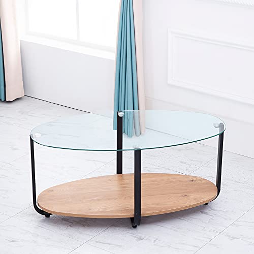 PUCHIKA Beistelltisch für Wohnzimmer, Couchtisch, Modernes Design, Oval, Glas, Holz und Metall, braun und schwarz, 95x50x43.5cm von PUCHIKA