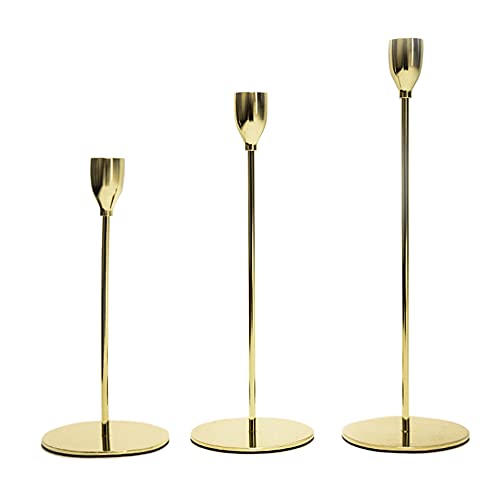 PUCHIKA Kerzenständer Gold 3er Set, Metall Gelbgold, hochwertig solide Säule, für Stabkerzen mit Durchmesser 2 cm, Deko für Valentinstag Weihnachten Hochzeit Zuhause Essen, 33/28/23cm von PUCHIKA