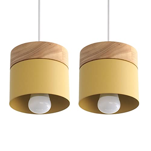 PUCHIKA Pendelleuchte 2er Set, E27 Fassung, Moderne Hängeleuchte für Wohnzimmer, Esszimmer, Küche, Café, Industrial Hängelampe, Esstischlampe hängend aus Metall und Holz, Ø: 13cm Farbe:Gelb von PUCHIKA