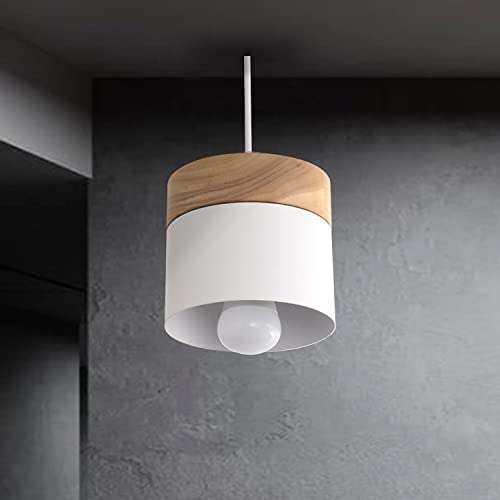 PUCHIKA Pendelleuchte E27 Fassung, Moderne Hängeleuchte für Wohnzimmer, Esszimmer, Küche, Café, Industrial Hängelampe, Esstischlampe hängend aus Metall und Holz, Ø: 13cm, Farbe :Weiss von PUCHIKA