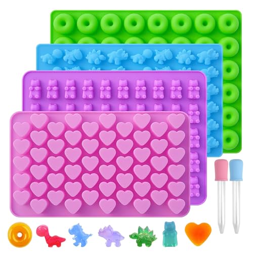 VMINOG Gummibärchen Formen 4 Stück Silikon-Schokoladenformen Eiswürfelformen Mit 2 Tropfern Süßigkeiten-Silikonformen Gummibärchen Selber Machen Set,Für Süßigkeiten,Schokolade,Gelee(26.2x21.7x2.9cm) von VMINOG