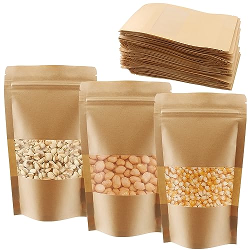 PUCSIQ 100 Stück Standbodenbeutel Kraftpapier, wiederverwendbare Kraftpapiertüten Stand Up 12x20cm, Druckverschlussbeutel Braune Beutel mit Sichtfenster, für Verpackung Schmuck, Süßigkeiten,Geschenken von PUCSIQ
