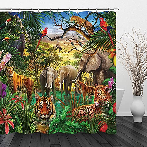 PUEENOD Tropischer Regenwald-Duschvorhang Tiere Duschvorhang Safari Duschvorhang Dschungel Giraffe Löwe Leopard Flamingo Affe Zebra Elefant Kinder Vorhang-Sets 177,8 x 177,8 cm mit Haken (Farbe 2) von PUEENOD