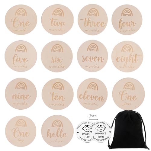 16 Stück Meilensteinkarten Baby Set, 14 Meilenstein Karten mit 1 Elternentscheidungsmünze und 1 Geschenktasche, Holz Baby Meilensteinkarten für Schwangere Mütter Werdende Eltern von PUERFOCA